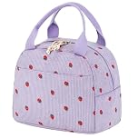 EDLMKM Insulated Lunch Bag for Women Girls Teens Adult, Cute Strawberry Purple Lunch Bag, Portable Handbag, Reusable Cooler Bags Foldable Leakproof Lunchbag for Work, School, Travel Picnic