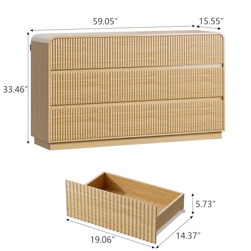 Image of Wodeer Oak Dresser Fluted 9 Drawers Dresser for Bedroom, 59 inch Wide Wood Chest of Drawers with Hidden Handles & Rounded Corners, Modern TV Stand Storage Cabinet for Living Room, Hallway, Entryway