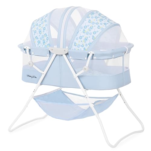 Image of Dream On Me Karley Bassinet, Award Winner Lightweight Travel Baby Bassinet, Foldable Bedside Sleeper, Adjustable Double Canopy, Spacious Design, Soft Fabric, Storage Basket – Light Blue