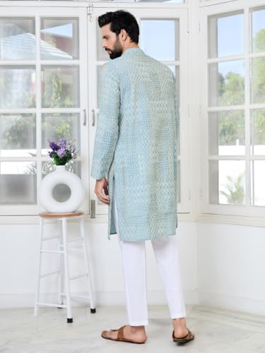Image of See Designs Men's Full Sleeve Mandarin Collar Floral Embroidered Mandarin Collar Thread Work Straight Long Kurta with Pyjama - Festive Collection