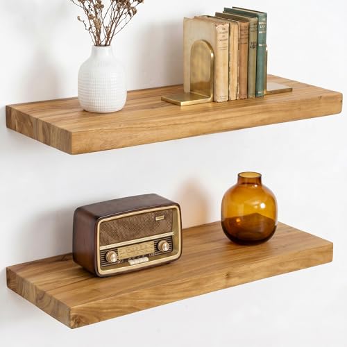 Image of Dreamland 18 Inch Long Floating Shelves Set of 2, Rustic Solid Elm Wood Floating Shelf Wall Mounted, 8 Inch Deep Wall Shelves with Invisible Bracket for Living Room Bathroom Bedroom Kitchen, Natural