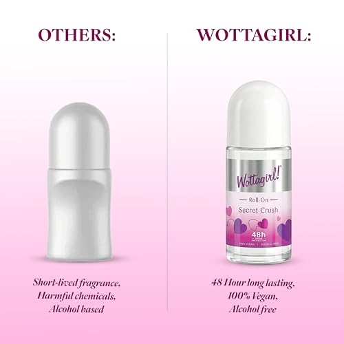 Image of Layer'r Wottagirl 100% Vegan Secret Crush Roll On for Women 50ml | Alcohol-free 48H odour protection with sweet fruity notes of mandarin, pineapple & vanilla. 100% vegan roll on.