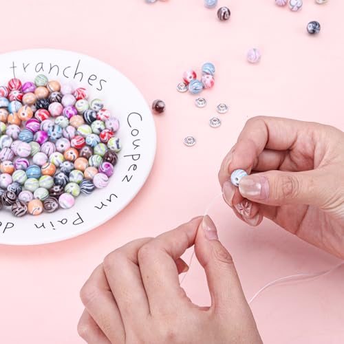 Image of Quefe 500pcs Craft Beads in Ink Patterns for Jewelry Making Beads for Bracelets Making, Acrylic Bulk Beads with 50pcs Spacer Beads and Crystal String (10mm)