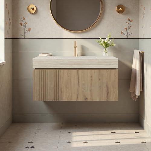 Image of 36 inch Bathroom Vanity with Sink, Wall-Mounted Plywood Bathroom Storage Cabinet with Ceramic Basin & Sintered Stone Countertop, Modern Pre-Assembled Floating Vanity with Drawer & Door, Oak