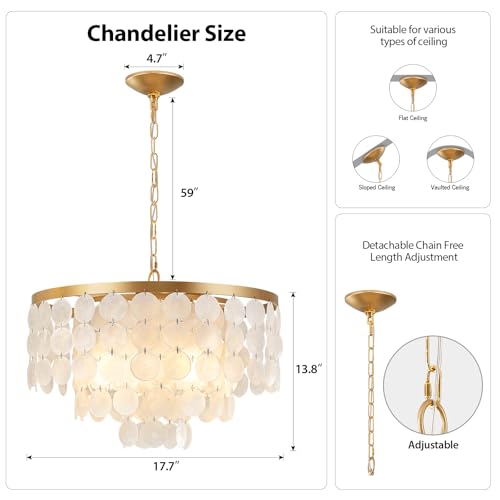 HLMRCHEN Shell Chandelier, White and Gold Chandelier Light Fixture with 4 Lights Capiz Seashell Pendant for Foyer,Kitchen Island,Entryway,Dining Room (18" Coastal Chandeliers) - Image 2