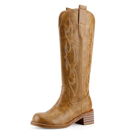 Cowboy Boots Knee High Women Western Embroidered Square Toe Wide Calf Chunky Heel Chunky Heel Retro Classic Tall Boot Pull on for Ladies Fall Winter