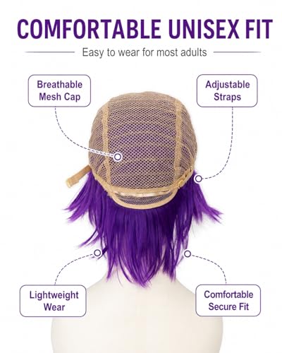 Image of Rose bud Anime Halloween Purple Wig for Cosplay Party Synthetic Layered Short Hair Wigs with Fringe Pastel Funny Wigs for Women Men