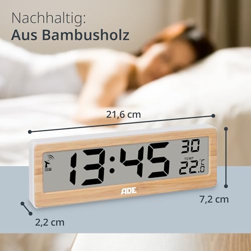 ADE Digitale Funkuhr Wohnzimmer mit Temperaturanzeige | sehr große Ziffern | gut ablesbares Display | Rahmen aus echtem Bambus