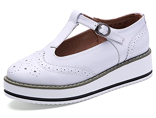 DADAWEN Women's Platform T-Strap Round Toe Oxfords Dress Pumps Mary Jane Shoes for Women White US Size 7.5/Asia Size 39/24.5cm