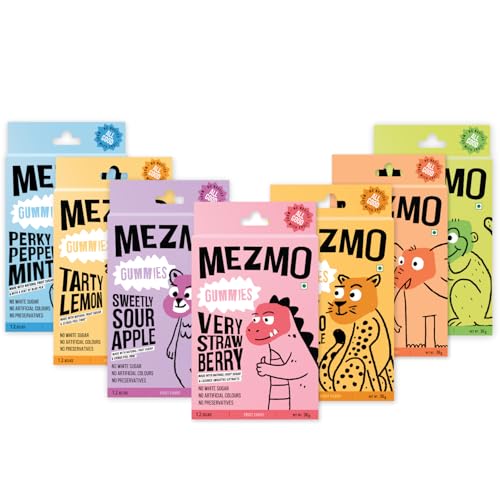 Image of MEZMO Vegan Fruit Jellies (280g, Pack of 7) | Natural Gummies for Kids & Adults | Zero Added Sugar, Gluten Free | Healthy Prebiotic Gut Friendly Snacks - Strawberry, Orange, Lemon, Mango, Apple, Raw mango, Peppermint