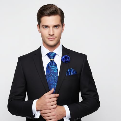 Image of 5PCS Tie and Pocket Square for Men, Silk Necktie and Handkerchief Cufflinks with Gold Ring and Lapel Pin Set
