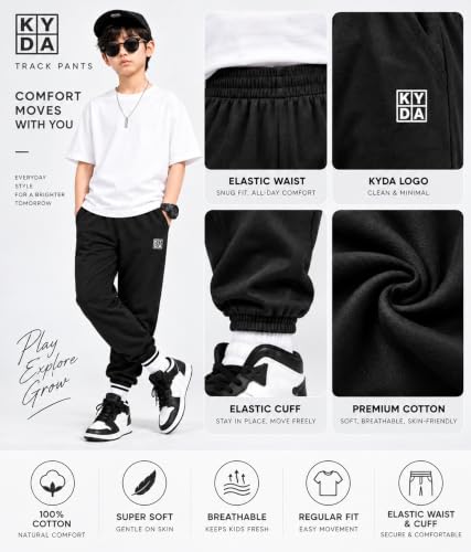 Image of KYDA Kids Boys Premium 100% Cotton Regular Fit Track Pants Soft Breathable Elastic Waist Casual Joggers Kids Playwear Everyday Comfort Wear-Pack of 2