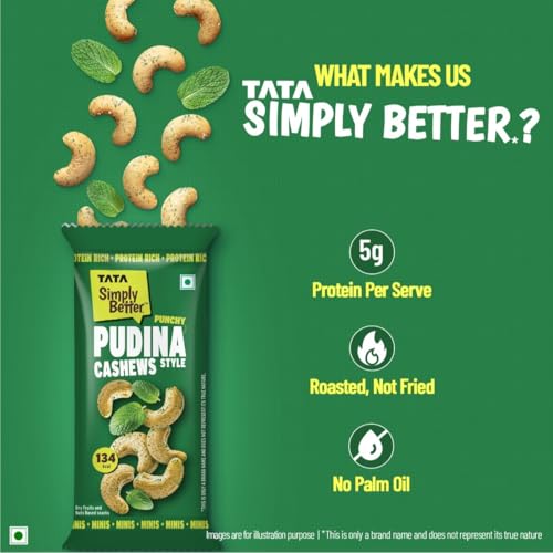 Image of Tata Simply Better Punchy Pudina Style Cashews, 23g (Pack of 5), Rich in Protein, Party Snack, Delicious Kaju Nuts, Ready To Eat Snack, No Palm Oil, No Trans Fat