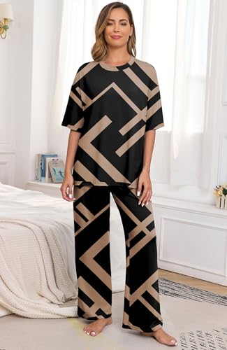 Image of PrinStory Womens Pajamas Sets 2 Piece Lounge Set Short Sleeve Tops and Long Pants Soft Pjs Loungewear with Pockets