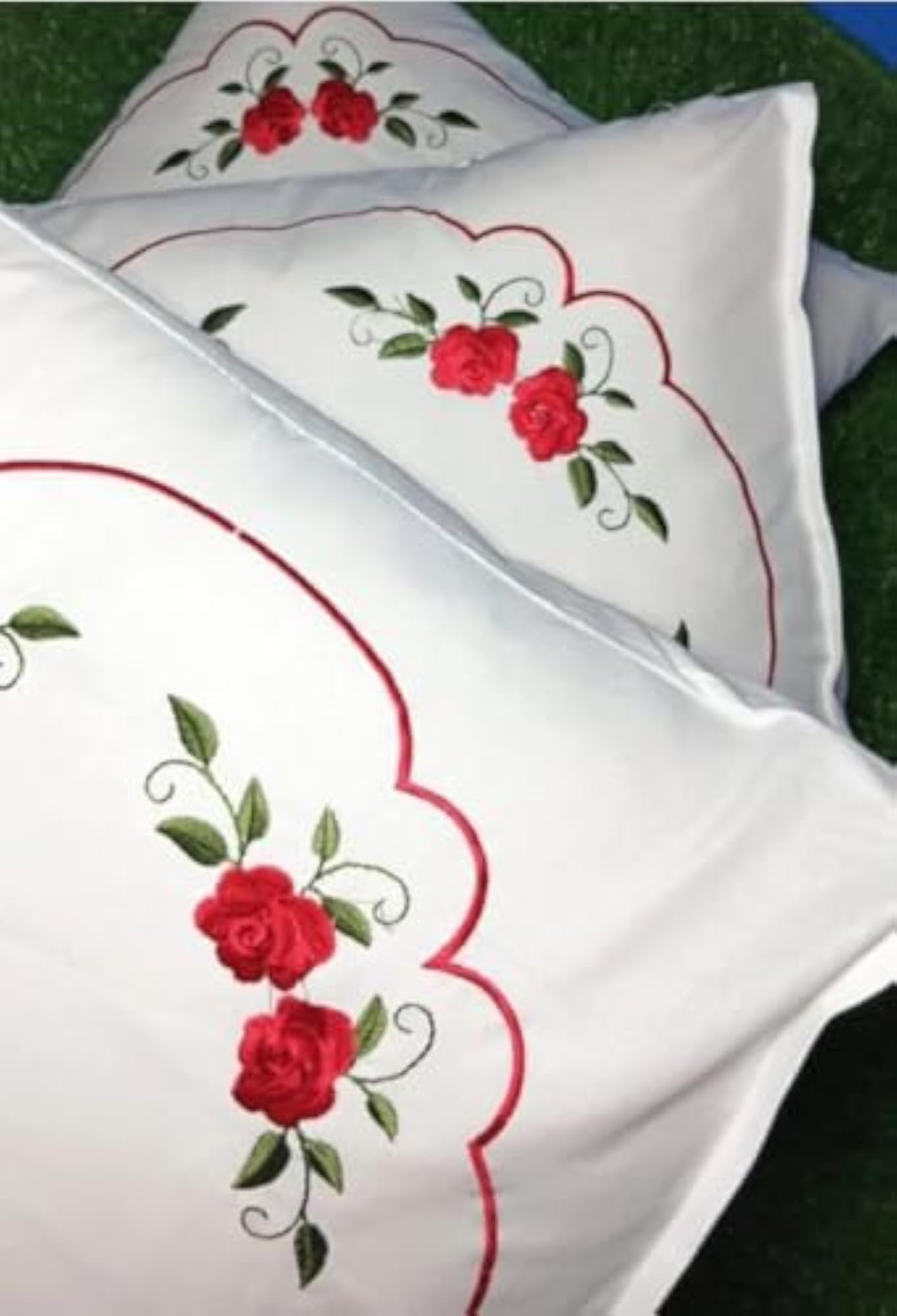Embroidered Cushion Covers, Red Rose Floral Design