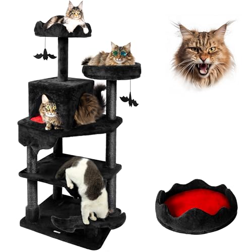 KAMABOKO Gothic Cat Tree, 59” Black Cat Tower for Indoor Cats with Sisal Scratching Posts, Spacious Cat Condo, Self Groomer, Bat Hanging Ball, Halloween Cat Tree Tower for Large Cats, Black and Red
