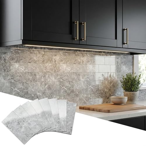 Yipscazo 2026 New Upgrade Peel and Stick backsplash 3 x 6 Inches, Backsplash Tile Peel and Stick Tile for Kitchen, Bathroom, Laundry Room, Fireplace(Polished Marble Gray, 100 Pieces)
