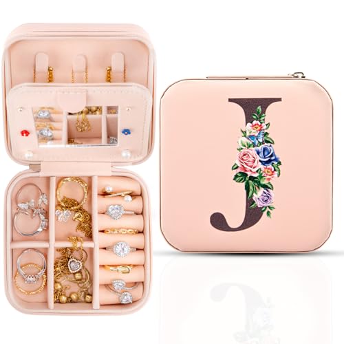 Meschett Travel Jewelry Box with Mirror, Travel Essentials Jewelry Holder Organizer, Ring Necklace Earring Organizer, Personalized Initial Travel Jewelry Case, Gifts for Women and Girls,J