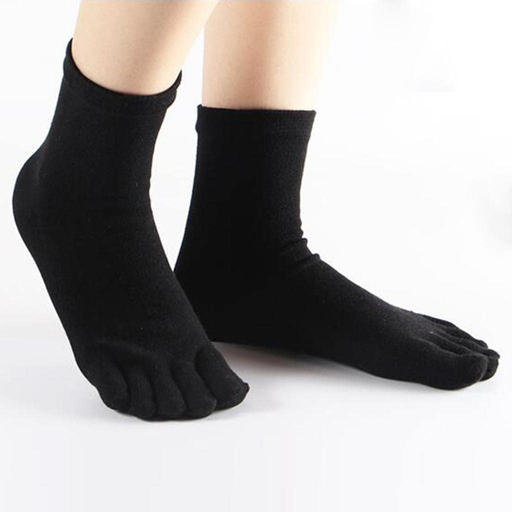 2x1Pair Five Toe Socks Cotton High Crew Sock Athletic Solid Socks Black