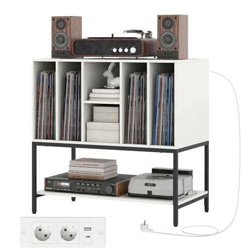 KOMFOTTEU Soporte para Tocadiscos con Estación de Carga, Mueble de Discos de Vinilo con 6 Compartimentos y Estante Abierto, Mesa de Exhibición con Orificio para Cables, 80 x 45 x 79,5 cm (Blanco)