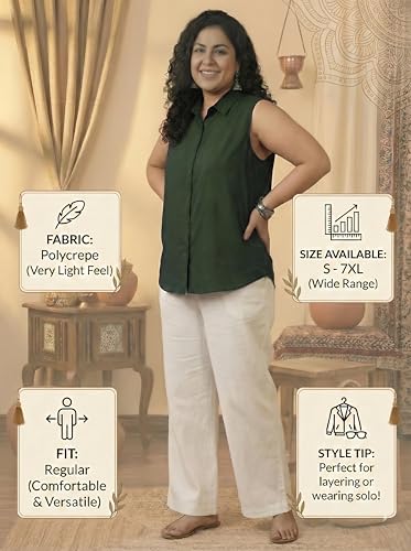 Image of Women Plus Size Sleeveless Button Down Shirt Polyester Formal Office Casual Wear Classic Fit Professional Shirt
