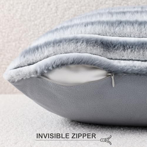 Image of Pallene Faux Fur Plush Throw Pillow Covers 22x22 Set of 2, Luxury Soft Fluffy Striped Decorative Pillow Covers for Sofa, Couch, Living Room, Ombre Grey