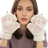 Lifenanny Cute Cat Paw Gloves, Winter Faux Fur Plush Soft Warm Half Finger Cosplay Gloves for Women Girls (White)