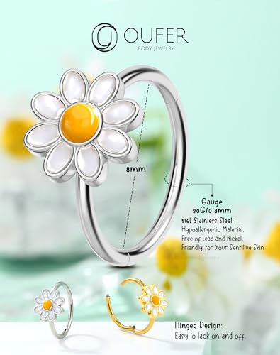 OUFER Nose Rings Hoops, 316L Surgical Steel Hinged Segment Nose Rings 20G, Silver Gold Nose Rings with Cute Daisy Design, Nose Nostril Piercing Jewelry for Women and Men3