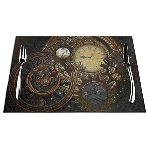 Mantel Individual, tapetes de Mesa Tejidos de Vinilo de PVC, Relojes Steampunk, manteles Individuales Antideslizantes, Antideslizantes y antiadherentes, para Cocina, Comedor, Restaurante, café (Juego