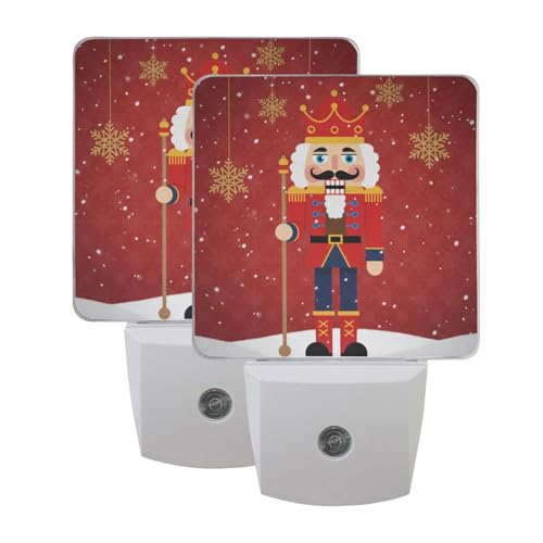 Image of Nutcracker Christmas Night Lights 2 Pack Plug-in Wall Led Nightlight Auto Dusk-to-Dawn Sensor Lamps for Bedroom Kitchen Bathroom Hallway Stairs