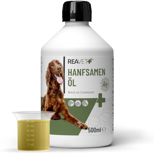 ReaVET kaltgepresstes Hanfsamenöl 500ml für Hunde, Katzen & Pferde – 100% reines Barf-Öl ohne Zusätze – Naturreines Futteröl & Ergänzungsfuttermittel zur täglichen Fütterung