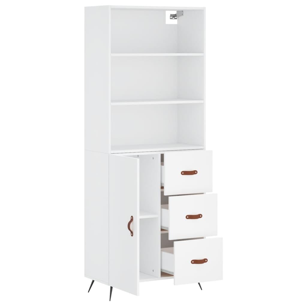 Mobile alto bianco, 69,5 x 34 x 180 cm, in legno con gambe in ferro, molto spazio, pratica porta, adatto come credenza, credenza o comò per soggiorno, corridoio o cucina