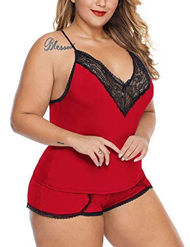 Image of Women Plus Size Pajamas Cami Shorts Set Nightwear Sexy Lace Lingerie Sleepwear