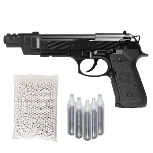 Pistola Softair 92 Co2, potenza 0,9 joule Bundle Completo: Pistola a Pallini, 5 bombolette Co2, 1000 Pallini 6mm - Airsoft, Pistole Softair, colore nero