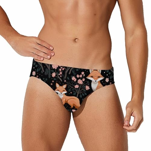 Cherry Flowers Fox Men's Swim Briefs Sexy Bikini Swimsuit Beach Shorts Underwear Low Waist