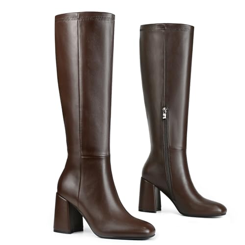 Image of Women's Knee High Boots Faux Leather Square To Tall Boots Fashion Chunky Block Heel Long Boots with Side Zip