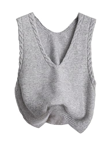 OYOANGLE Women's V Neck Cable Knit Sweater Vest Basic Solid Pullover Sleeveless Sweater Tops