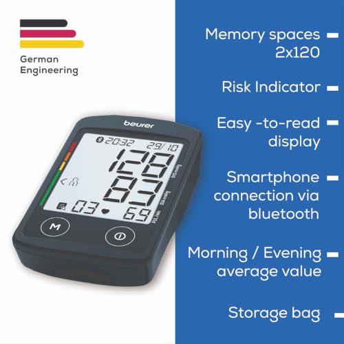 Image of Beurer German Engineering BM 46 Connect Digital Blood Pressure Monitor with USB-C Port| Upper Arm BP Machine with XL Display I Bluetooth App Connectivity I Large Cuff I Memory space of 240 readings I Black in color I 3 years warranty