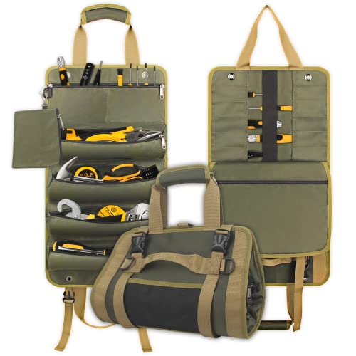 VZINO Roll Up Tool Bag, 900D Triple-Layer Roll Up Tool Pouch with Small Detachable Bag + 4 Enlarge Pouches + 2 Zipper Pocket, Heavy Duty Wrench Roll Organizer for Motorcycle/ Mechanic/ Electrician