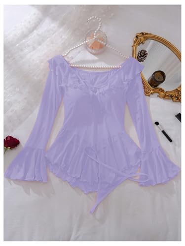 Image of OYOANGLE Women's 2 Piece Off Shoulder Long Sleeve Ruffle Mesh Sheer Nightgowns with Thongs Babydoll Lingerie Set