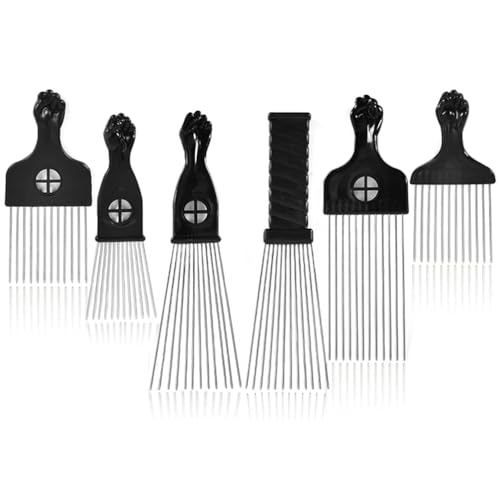 6 Pack Curly Afro Hair Metal Hair Picks, Metal Tool Hair Combs for Men Women Afro Wigs (Black)