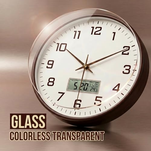 Image of ginoya brothers 12 Inch Silent Non-Ticking Silent Wall Clock, Modern Round Analog & Digital Display (Temp /Calendar) Decorative Clock, Easy to Read for Home, Living Room, Office (White-Brown Digital)