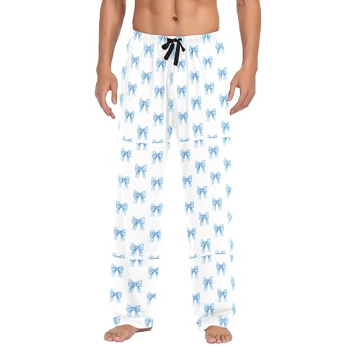 Men's Watercolor Blue Bows Pajama Pants with Pockets - Straight Fit Cotton Sleep Bottoms for Lounge & Nightwear#4992
