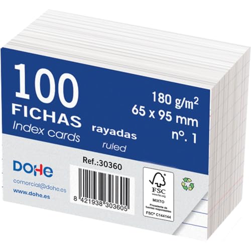 Dohe   Fichas Rayadas de Cartulina (100 uds.)   Tarjetas para Escribir Notas, Tamaño 9,5x6,5 cm, 180 gr/m², N.º 1, Material de Oficina   Color Blanco