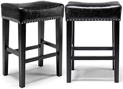 Hommoo 26 Inch Counter Height Bar Stools Set of 2 Backless Leather Saddle Barstools with Solid Wood Legs Kitchen Stools for Island Black