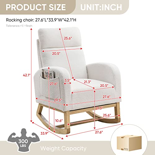 Nursery Rocking Glider Chair, Modern Teddy Fabric Tall Back Accent Rocker Chair Upholstered Arm Chair W/Side Pockets, Modern Leisure Single Sofa For Living Room, Hotel, Bedroom, Office, White #TOP1