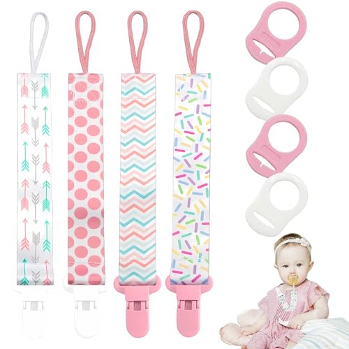 4PCS Dummy Clips Girls - Baby Pacifier Holders Leashes Dummy Clip with Silicone Ring Adapter Soother Chains Clips for Baby Teething Toys Baby Shower