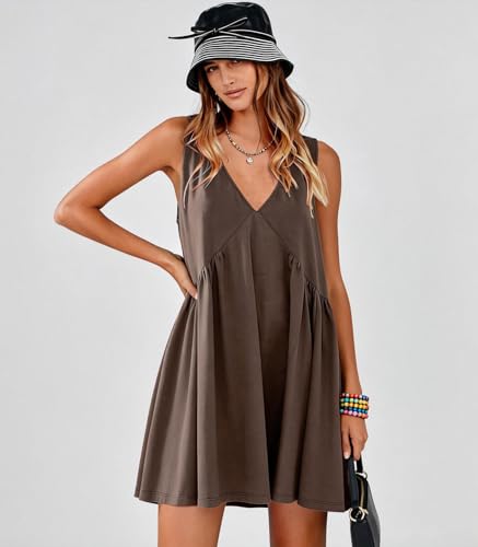 Image of Womens Babydoll Dress Summer Sleeveless Mini Dress Casual Loose V Neck Swing Flowy Beach Sundresses with Pockets