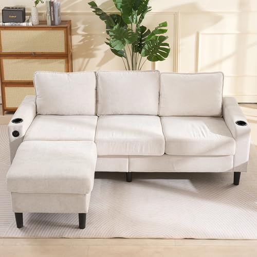 Arhatreya 3 Sitzer Sofa Gästesofa Modern Couch mit USB- und Typ-C-Anschlüssen, 3er Sitzsofa mit Zwei Getränkehaltern, L-förmiges Schlafsofa für Erwachsene, Schlafzimmer, Wohnung, Beige