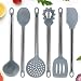 Grey Cooking Utensils, Silicone Cooking Utensils for Modern Cooking and Serving - Grey with Brushed Black Stainless Steel Cooking Utensils, 6-Piece Set: Black Kitchen Decor